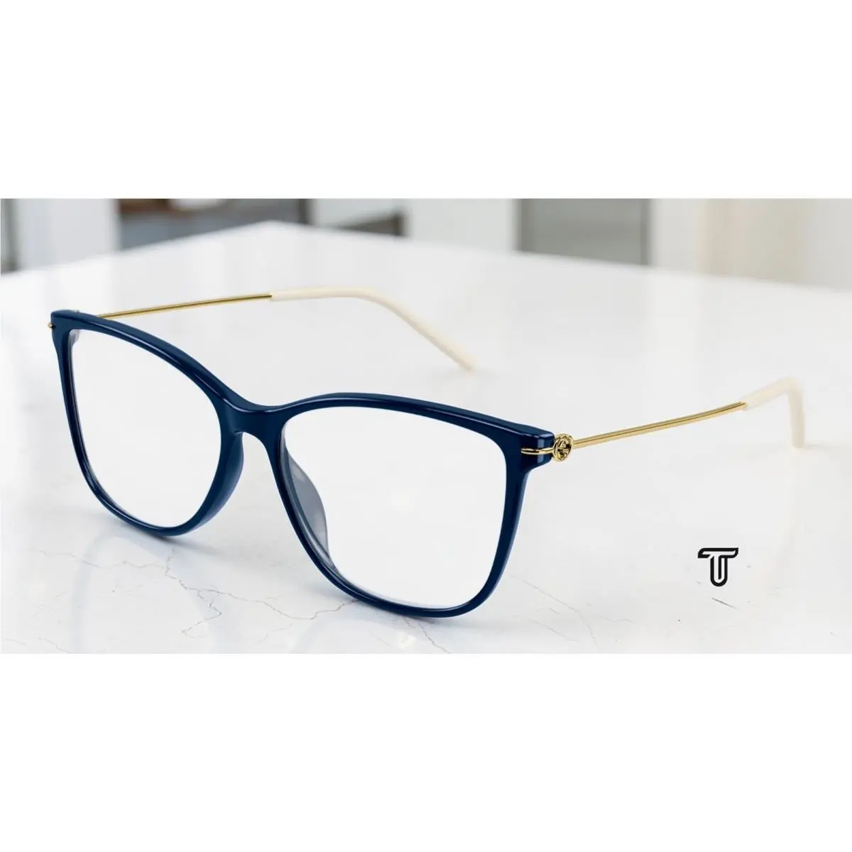 Gucci GG1272O 003 Cat Eye Recycled Acetate Blue Gold 53 mm Women`s Eyeglasses
