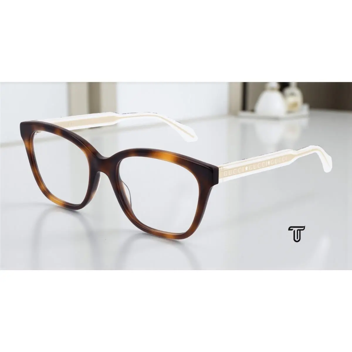 Gucci GG0566O 002 Square Havana White Crystal Demo Lens 52 mm Women`s Eyeglasses