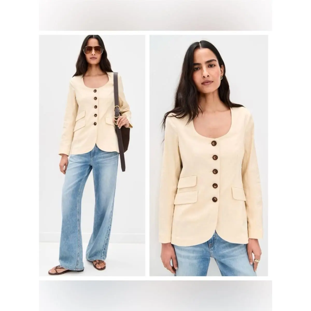 Rag Bone Roslyn Blazer Linen Blend Cream Beige Tan Round Scoop U-neck 16 by Rag & Bone