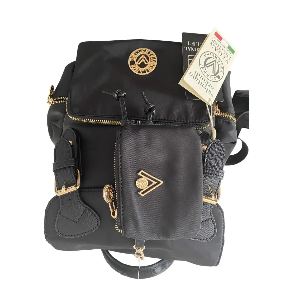 Valentino Orlandi Backpack Womens Black Vegan Leather Gold Logo Designed Italy