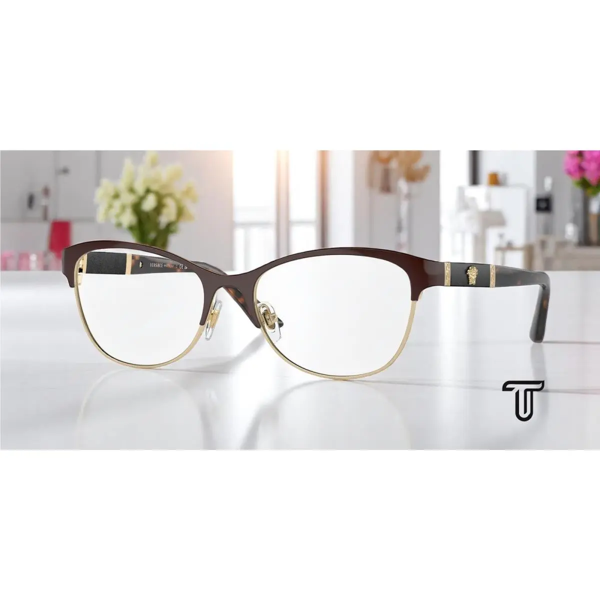 Versace VE1233Q 1344 Brown Pale Gold Demo Lens 53 mm Women`s Eyeglasses