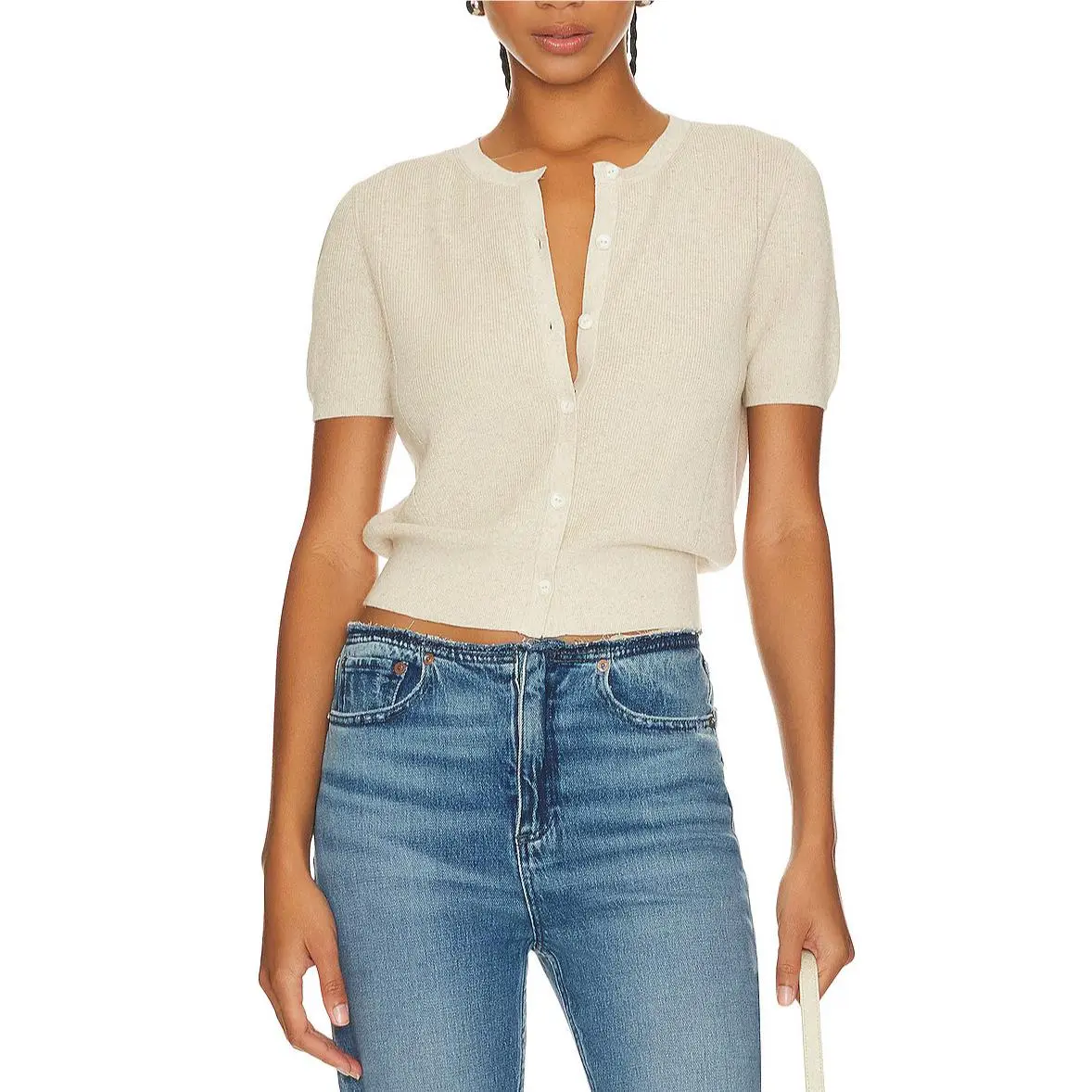 Rag Bone XS Dina Short Sleeve Cardigan Sweater Ivory Cotton Linen Knit