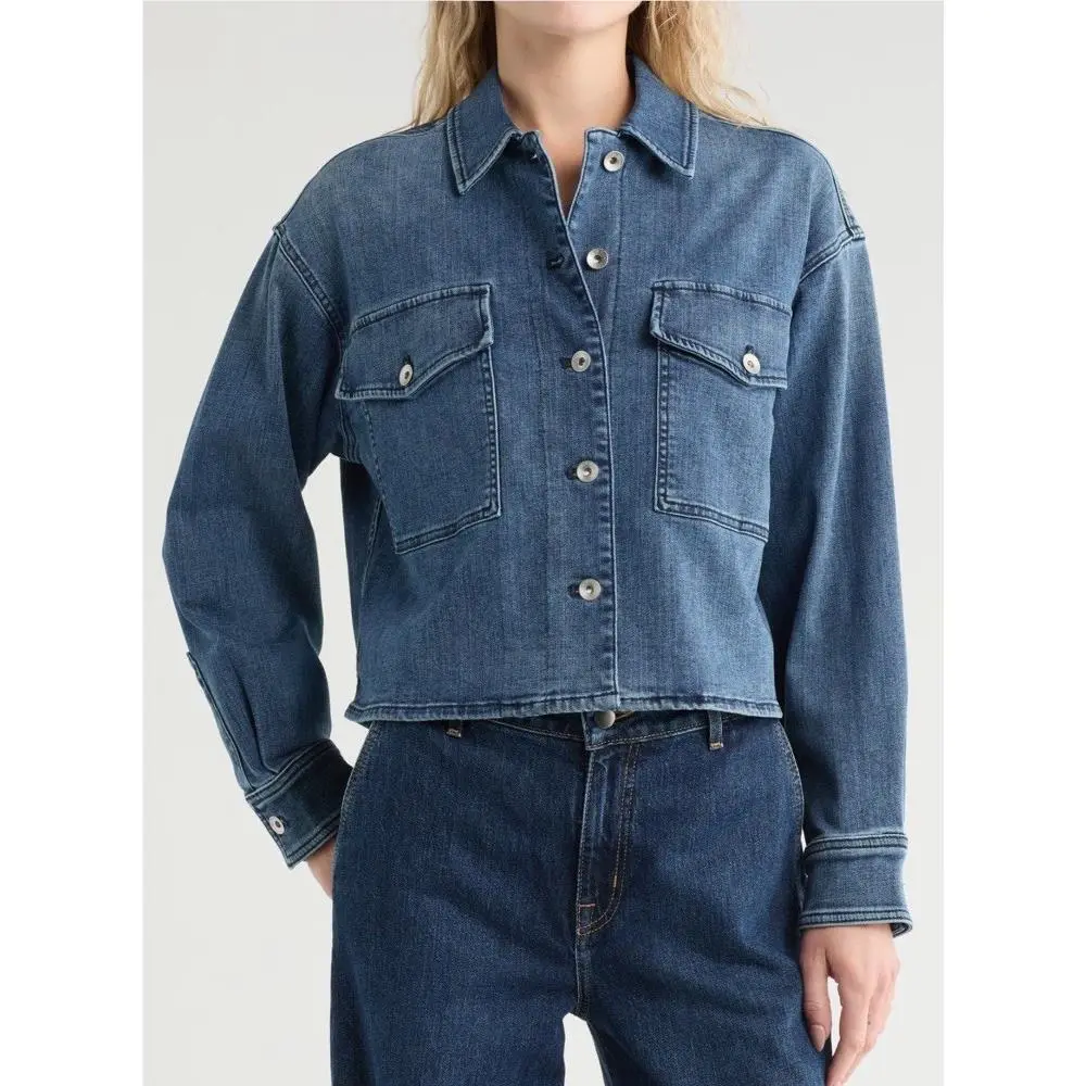 Rag Bone L Large Jayde Shirt Jacket Denim Jean Cotton Blend Crop Bomber