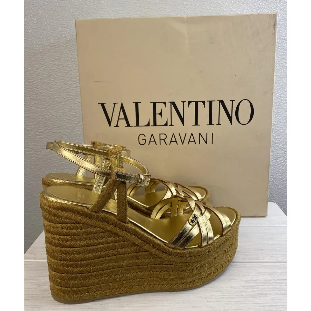 Garavani Vlogo Espadrille Wedge Sandals Womens US9 EU39 Gold Leather by Valentino