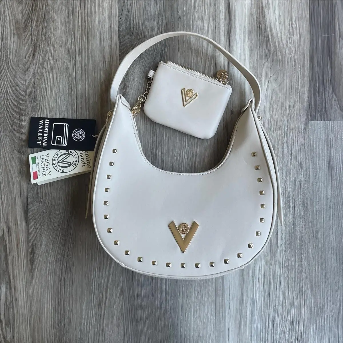 Valentino Orlandi Cream Vegan Leather Studded Crescent Hobo Bag with Wallet