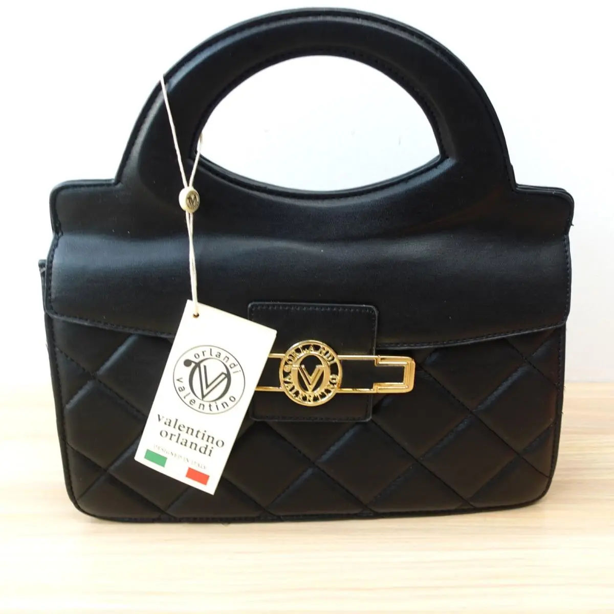 Valentino Orlandi Italian Top Handle Bag Women Black Quilted Vegan Crossbody