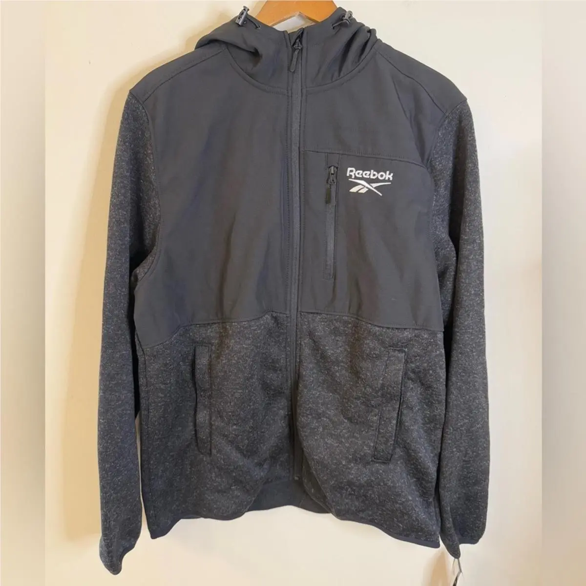 Reebok Black Heather Light Fleece Lined Zip Front Hoodie Jacket SZ LG