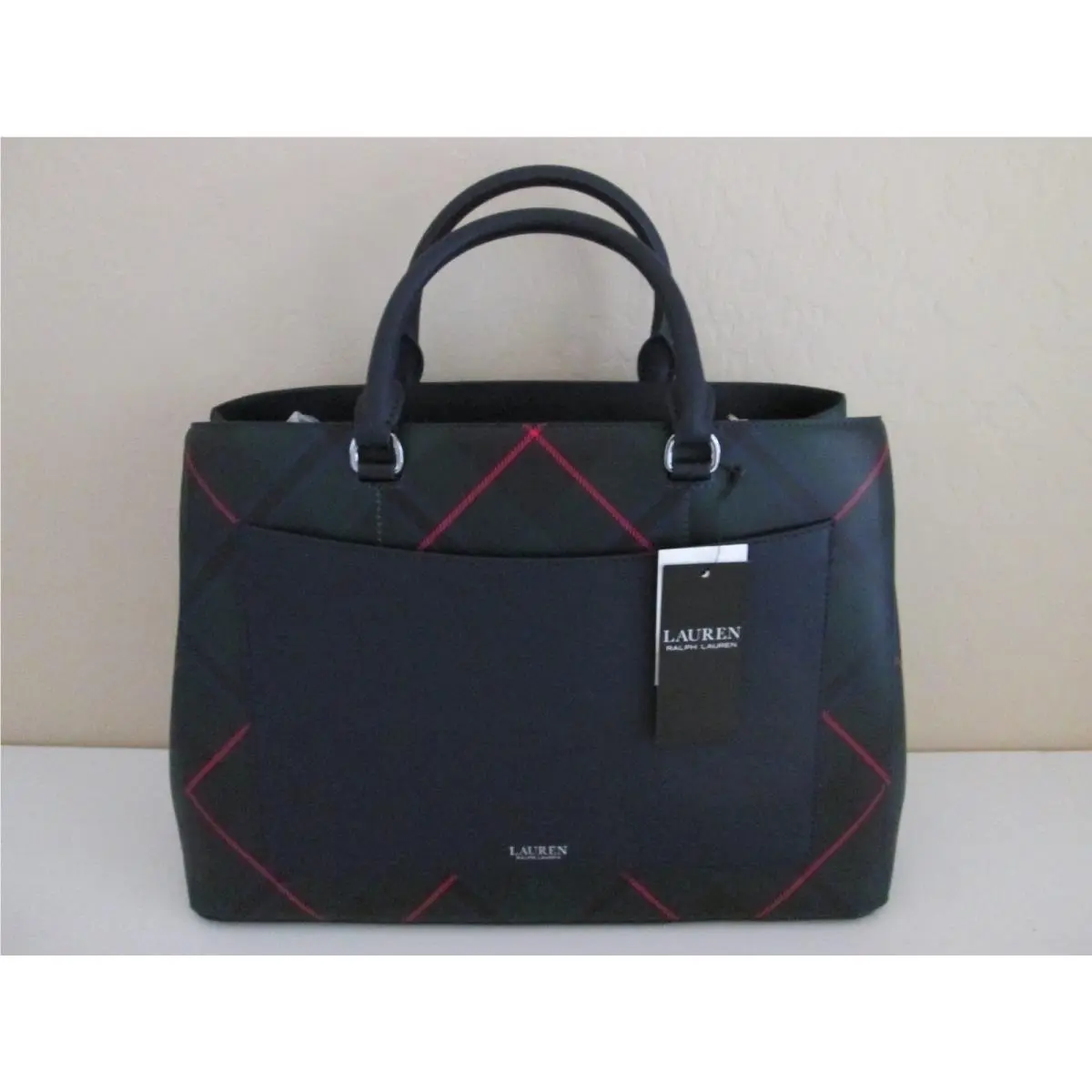 Ralph Lauren Crosshatch Leather Large Hanna Bag Tote Navy Deco Tartan