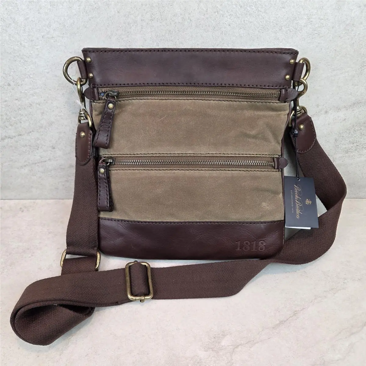Brooks Brothers 1818 Brown Canvas Leather Trims Crossbody Bag Purse