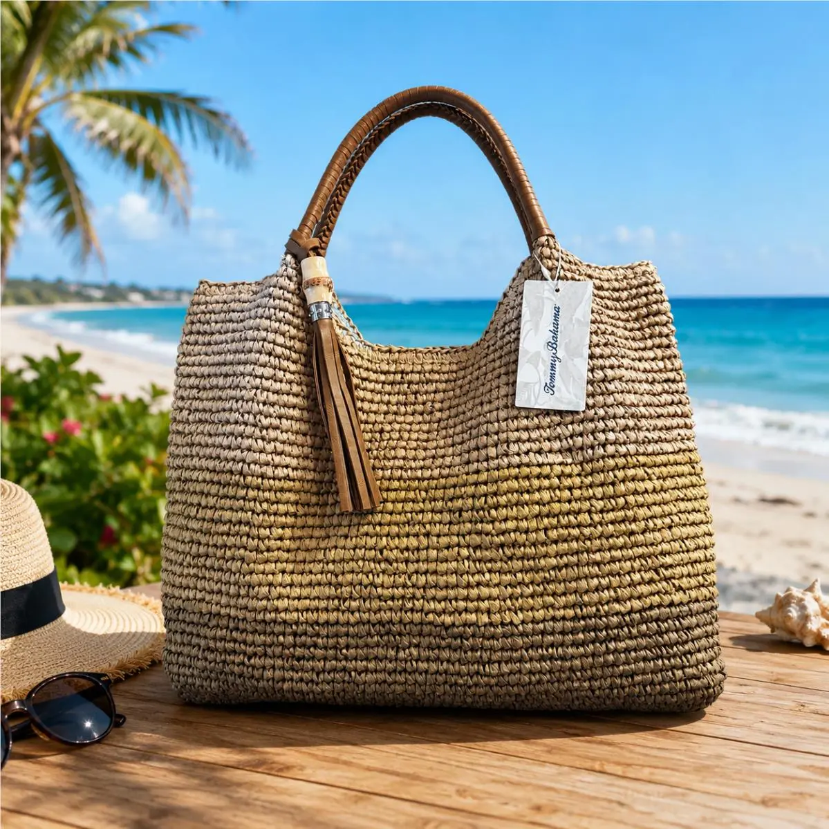 Straw Raffia Tote Bag Brown Ombre Bamboo Tassel Beach Shopper Purse by Tommy Bahama