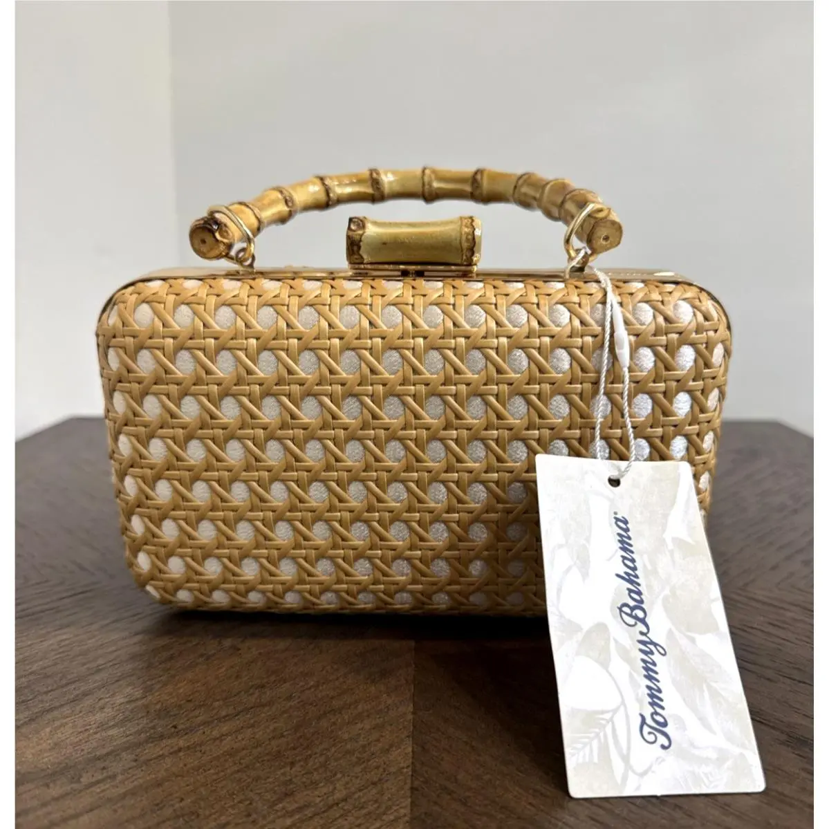 Beige Wicker Woven Gold Chain Crossbody Bamboo Handle Handbag Purse by Tommy Bahama