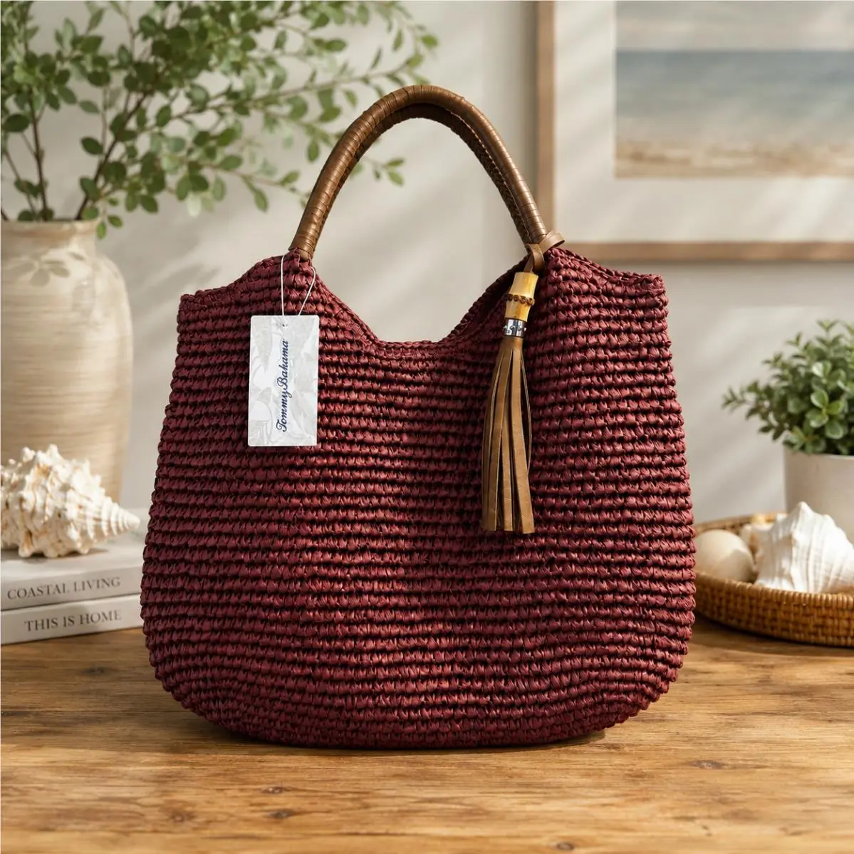Burgundy Woven Raffia Tote Bag Leather Tassel Purse by Tommy Bahama