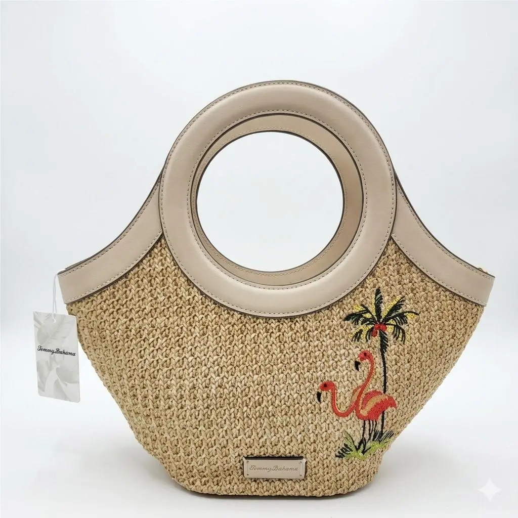 Straw Crossbody Tote Bag Woven Flamingo Palm Tree Beach Resort by Tommy Bahama