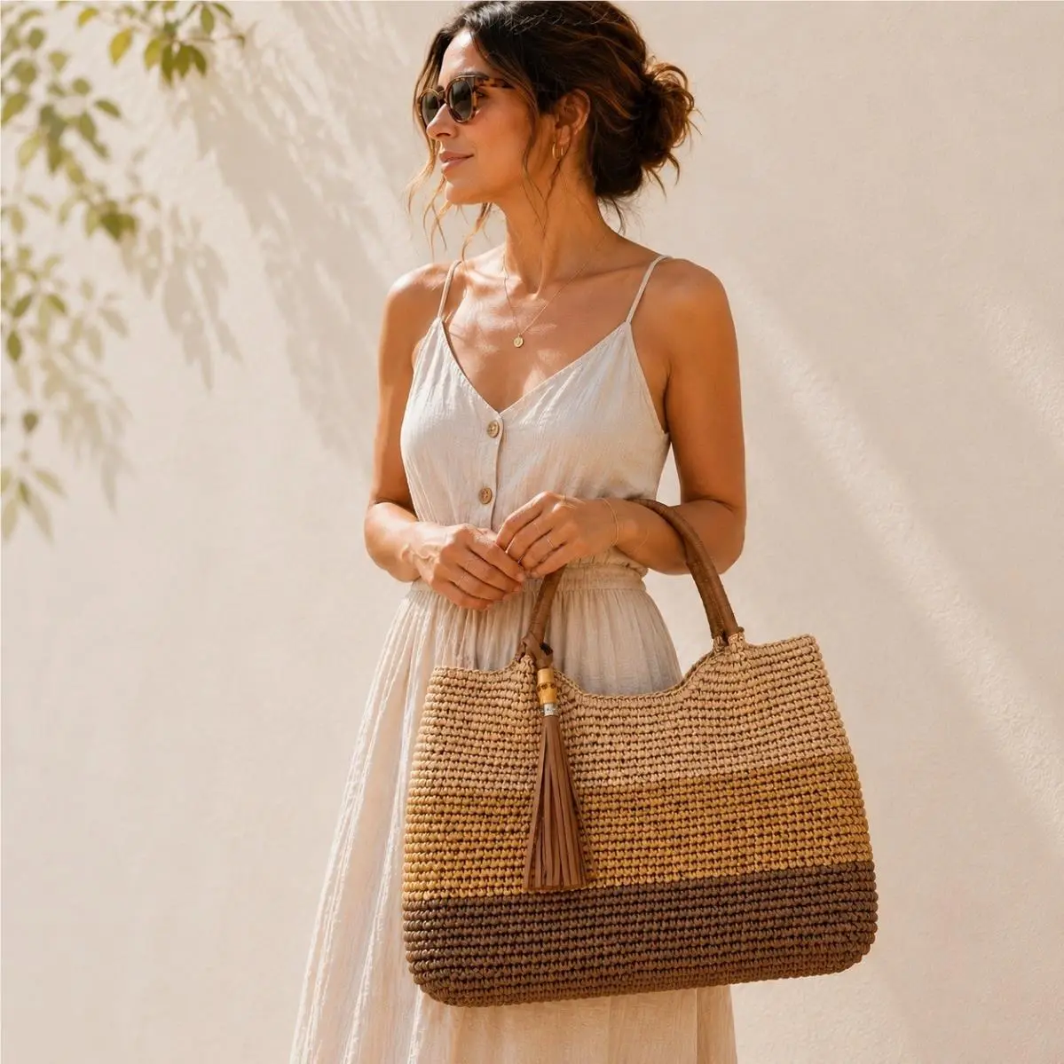 Colorblock Woven Straw Tote Bag Tan Coastal Resort Vacation by Tommy Bahama