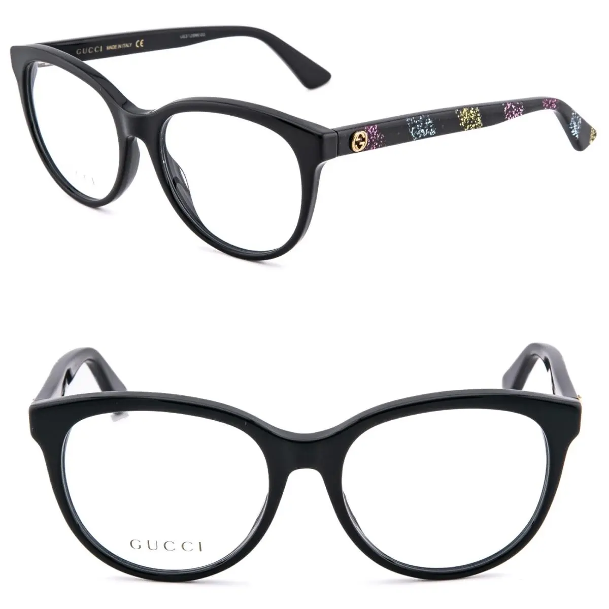 Gucci GG0329O 0329 Black Glitter Stripe Oval Retro Eyeglass 004 Optical Frame