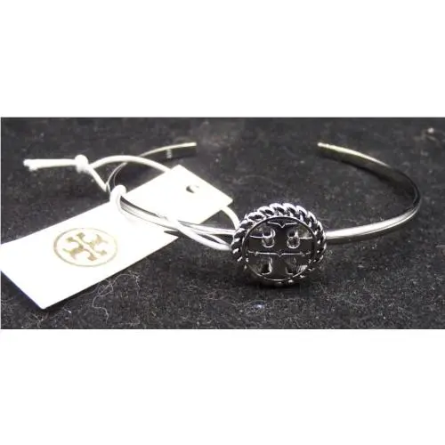 Tory Burch Silver Tone Rope Logo Cuff Bracelet