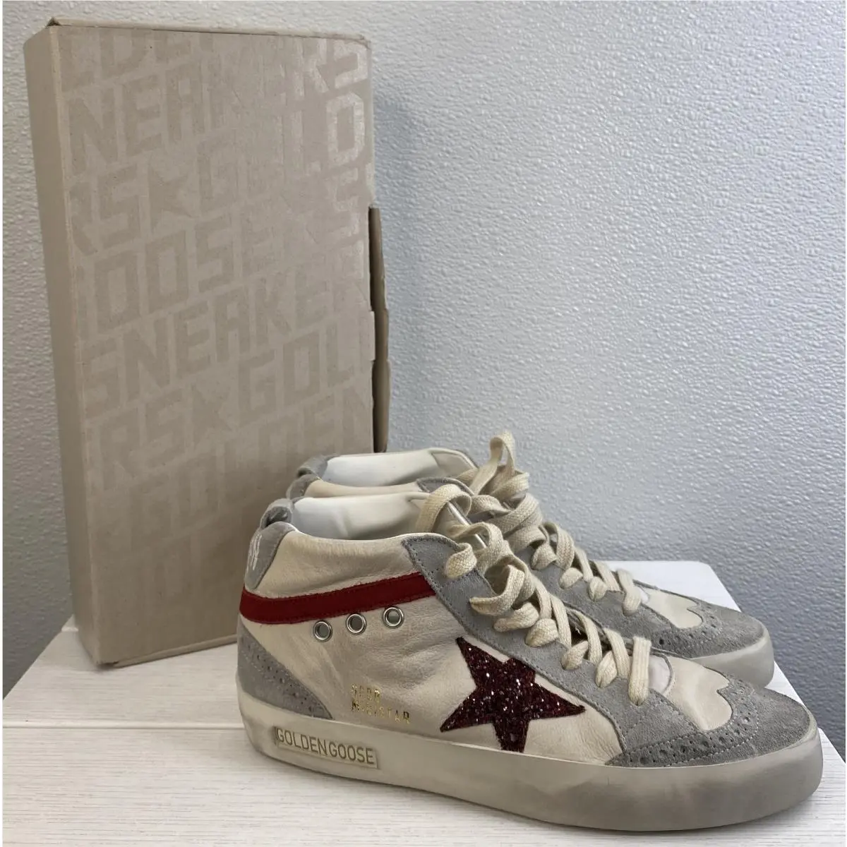 Mid Star Classic Sneakers Womens US8 EU38 White Leather Red Glitter by Golden Goose