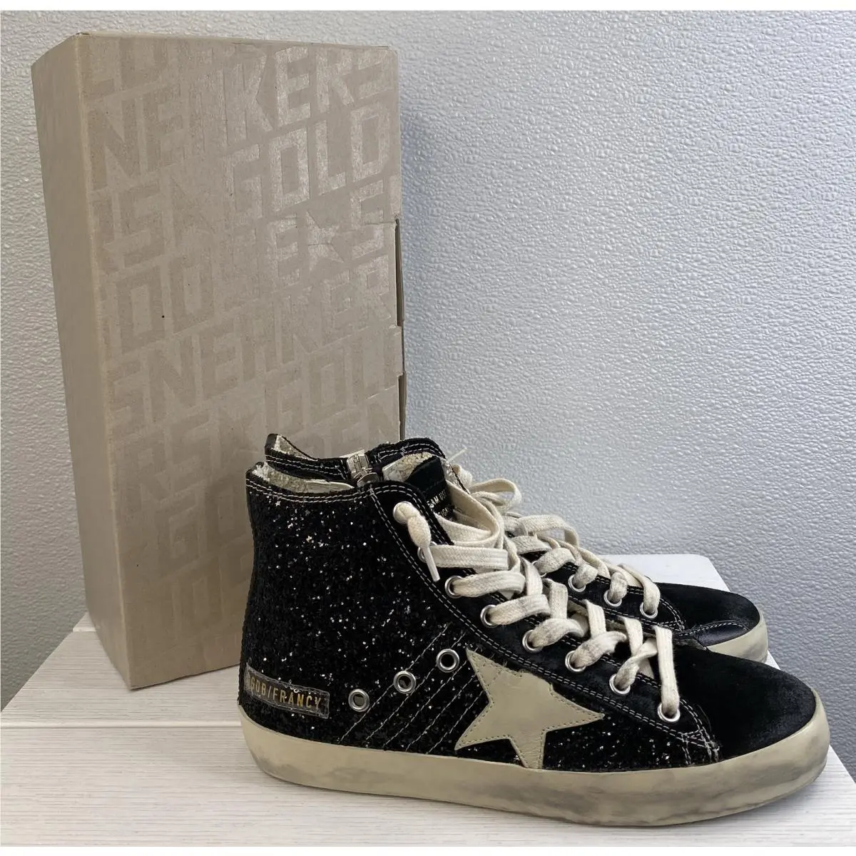 Francy Hi-top Sneakers Womens Size US8 EU38 Black Glitter Side Zip by Golden Goose