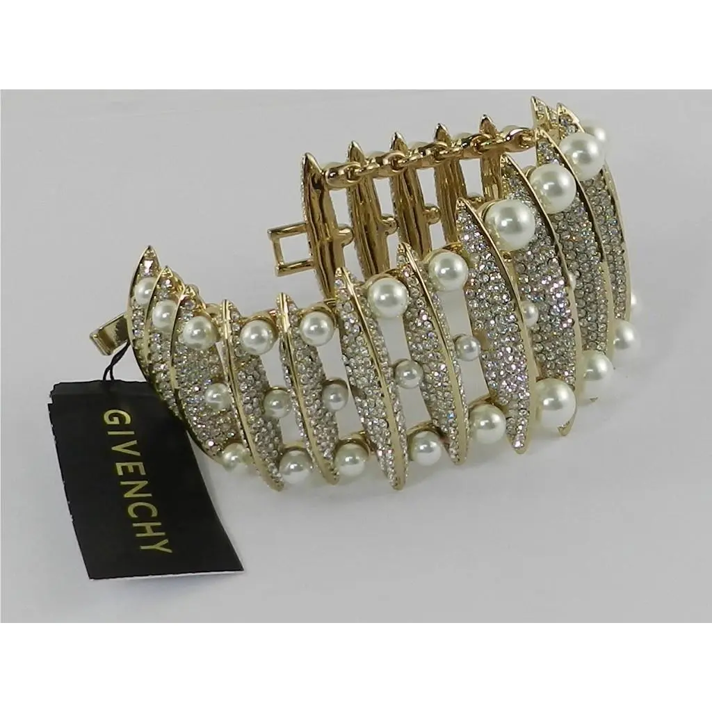 Gold-tone Artificial Pearl Crystal Pavé Wide Ladder Link Bracelet by Givenchy