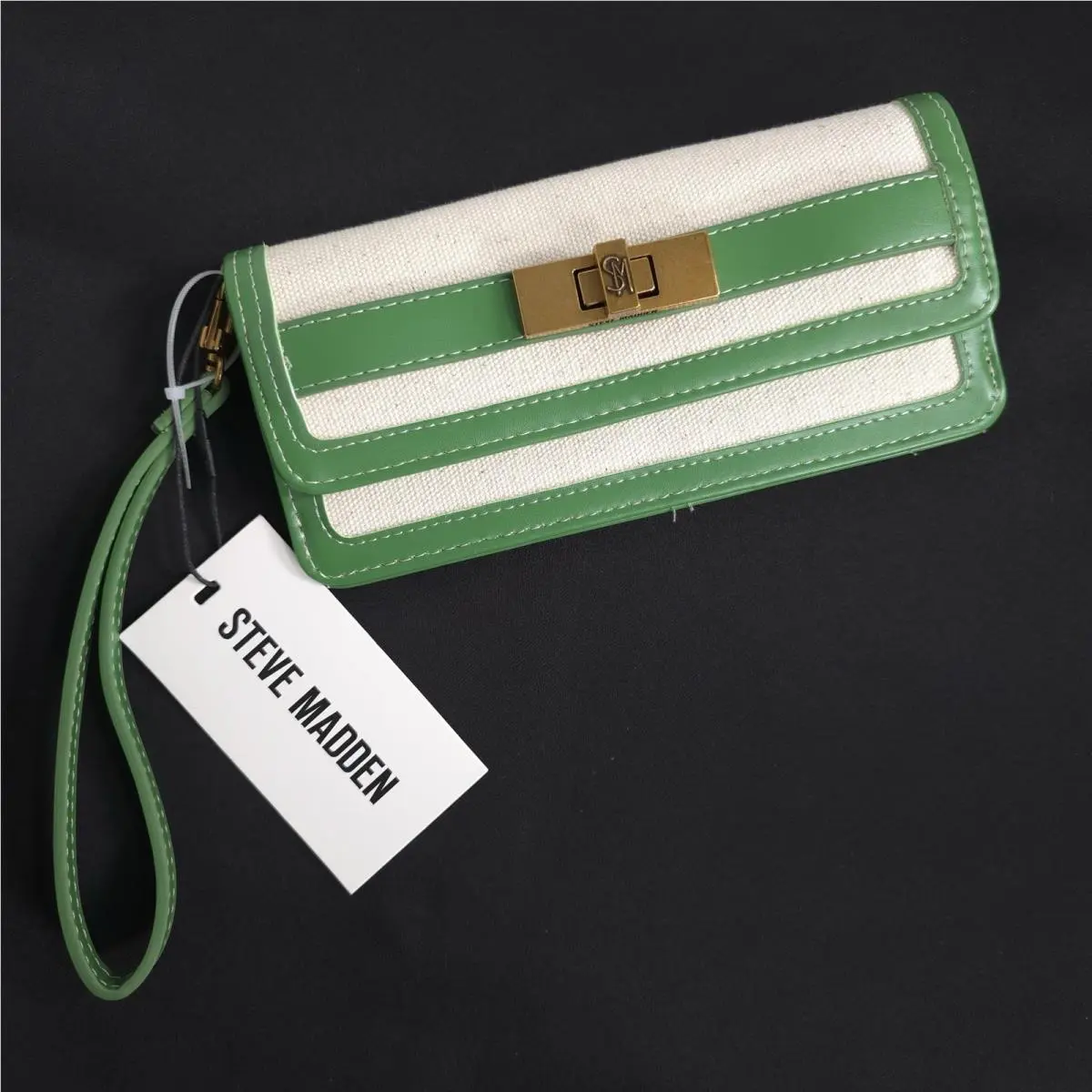 Steve Madden Bbelty Canvas Cotton Natural Wallet Green Trim Snap Zip