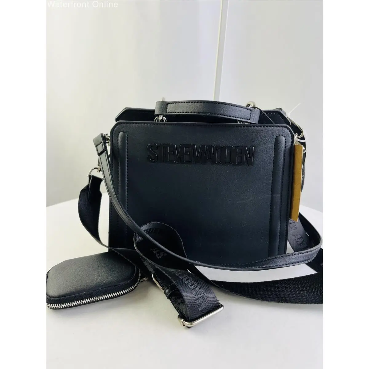 Bevelyn Black Leather Convertible Crossbody Satchel Bag by Steve Madden