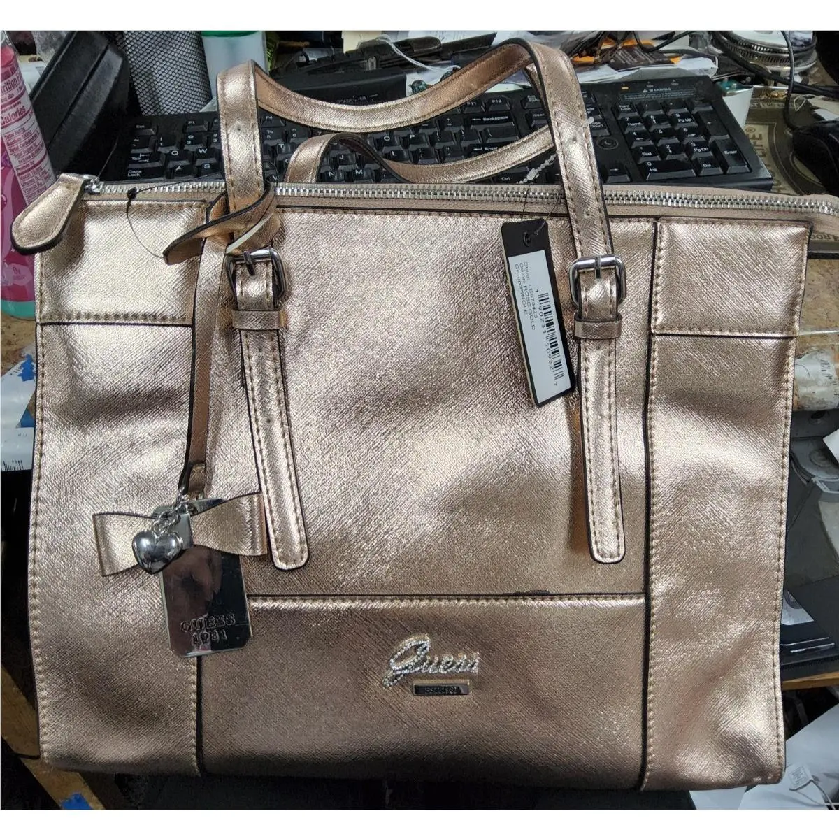 Guess Metallic Rose Gold Tote Bag Large Shoulder Purse Handbag