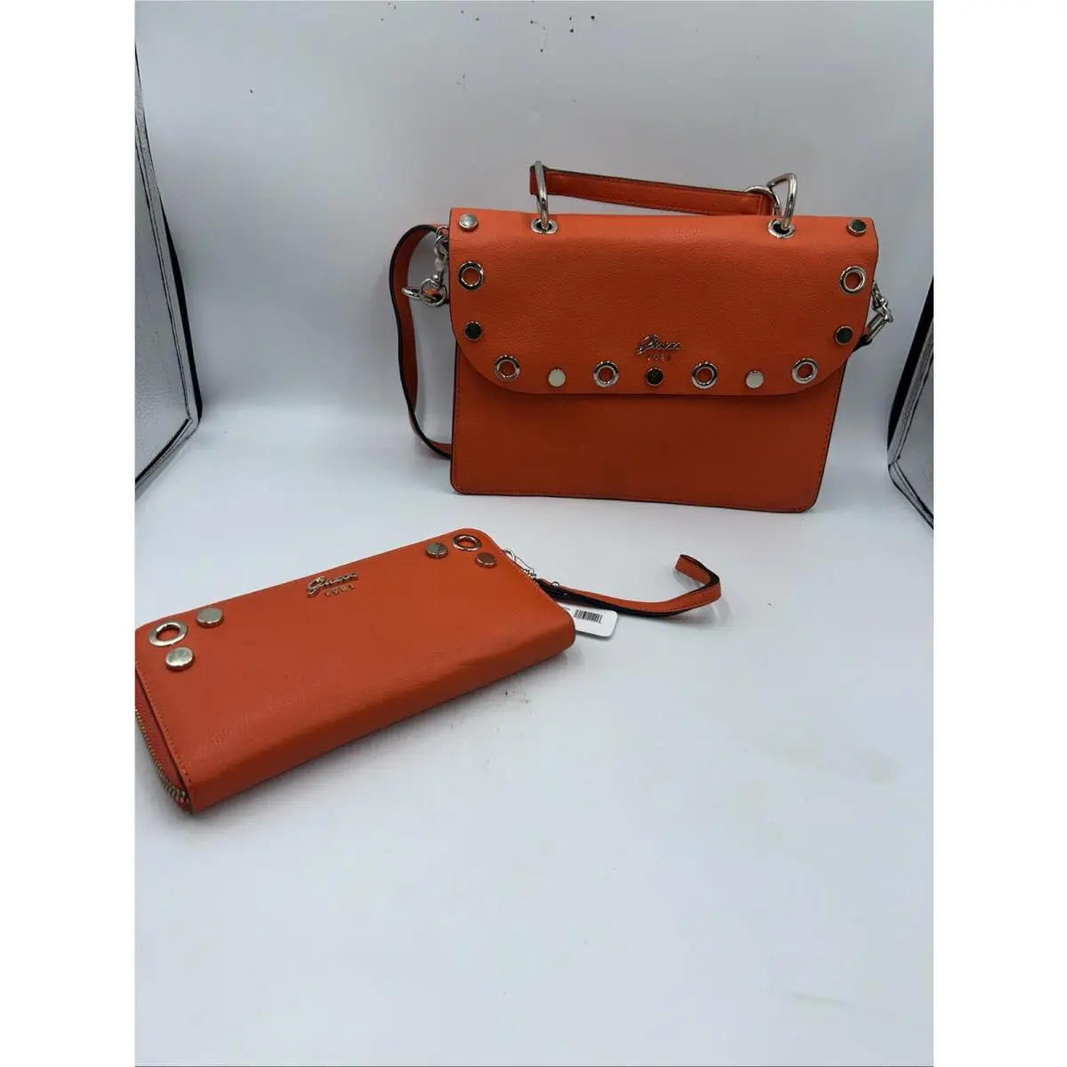 Guess Orange Gold Logo Satchel Top Handle Bag w/ Wallet Zip Closure