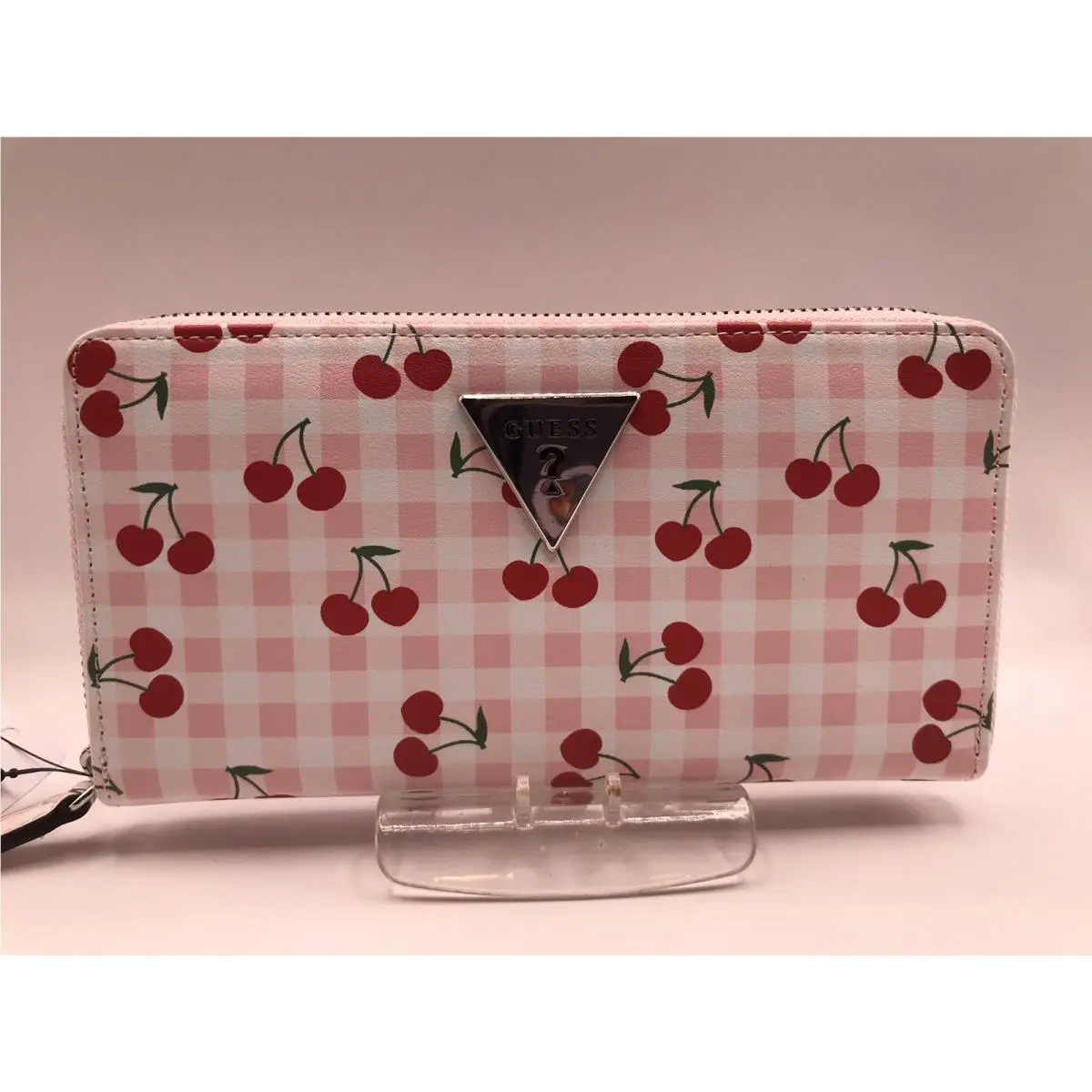 Women`s Guess White/pink Checkerboard/cherries Simone Slg Zip Around Wallet
