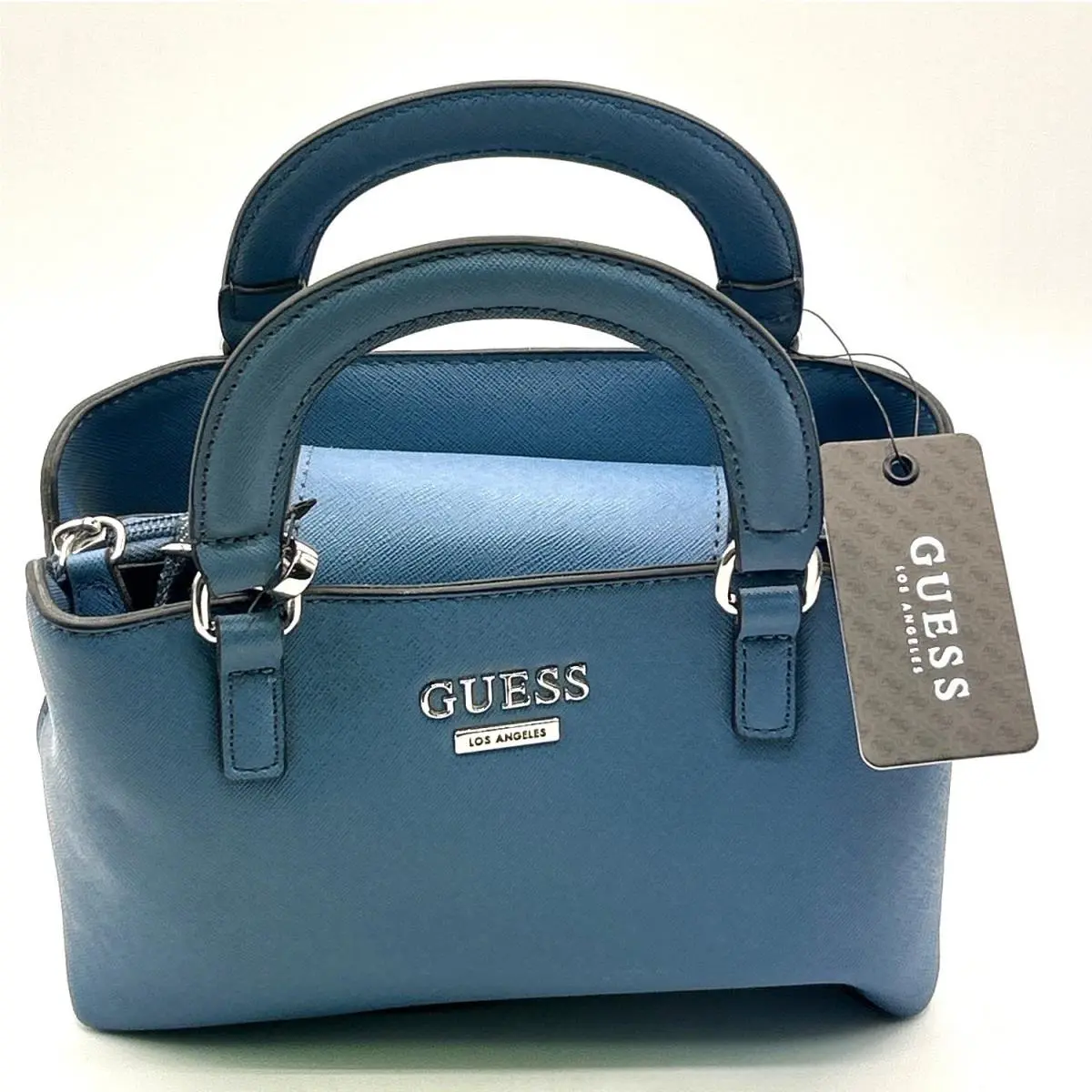 Guess Blue Satchel Bag with Top Handles and Crossbody Strap Logo Silver