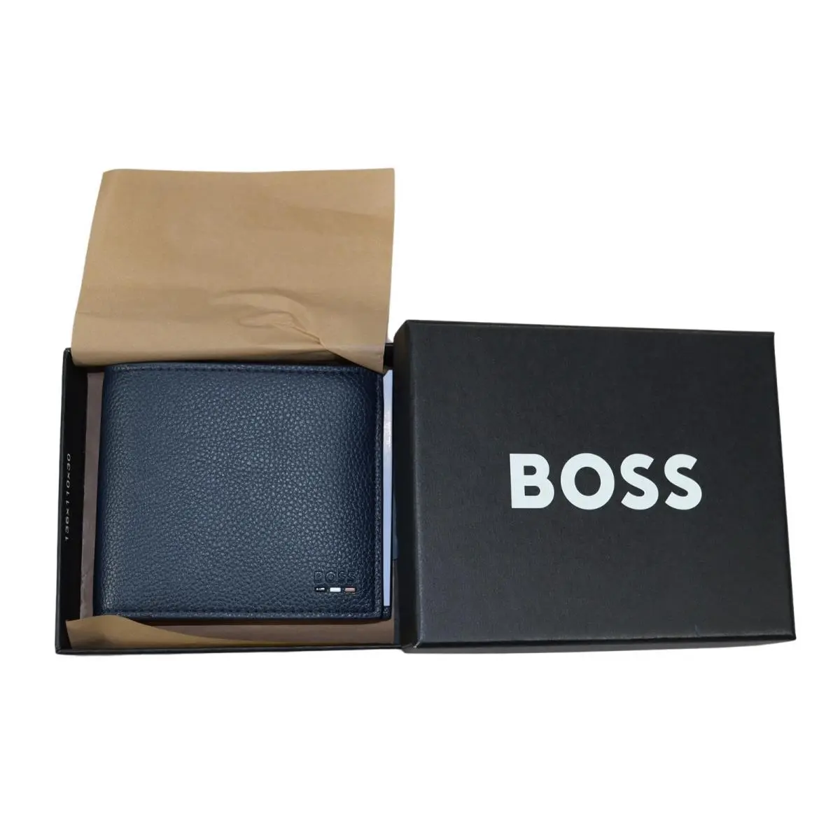 Leather Brand Accented Bifold Men`s Wallet Navy Gift Boxed by Hugo Boss