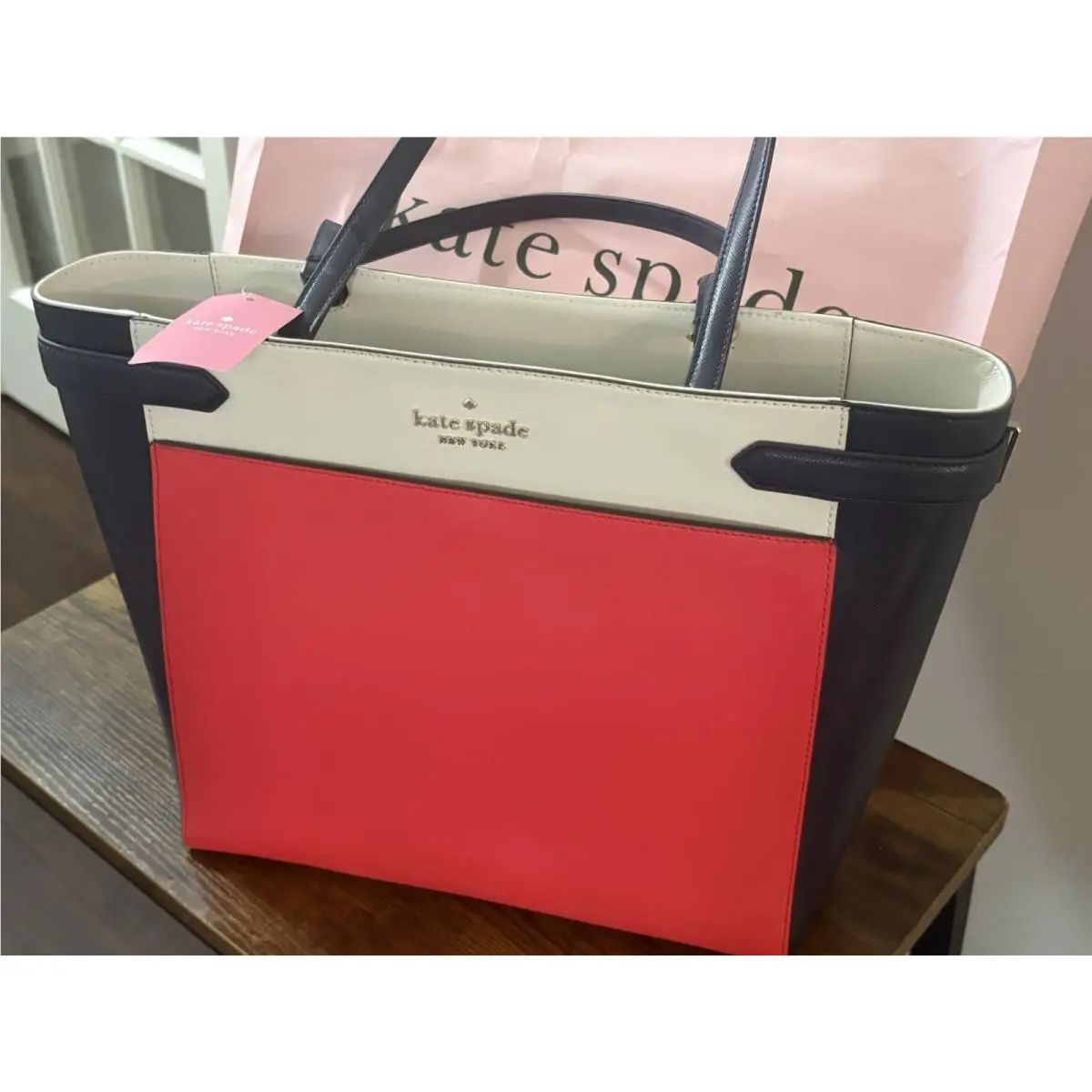 Kate Spade Large Leather Tote Bag Red/white/blue Staci Colorblock