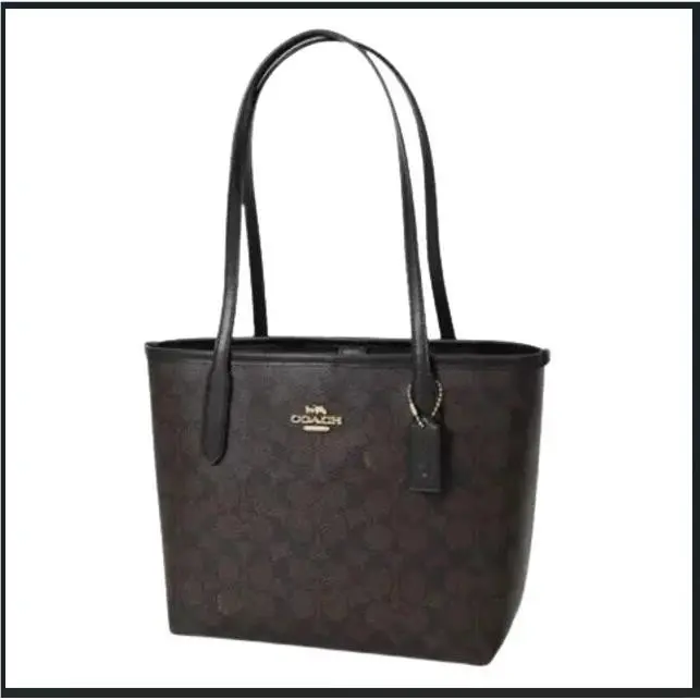 CU759 Small City Tote Signature Coated Canvas Black Brown Outlet by Coach