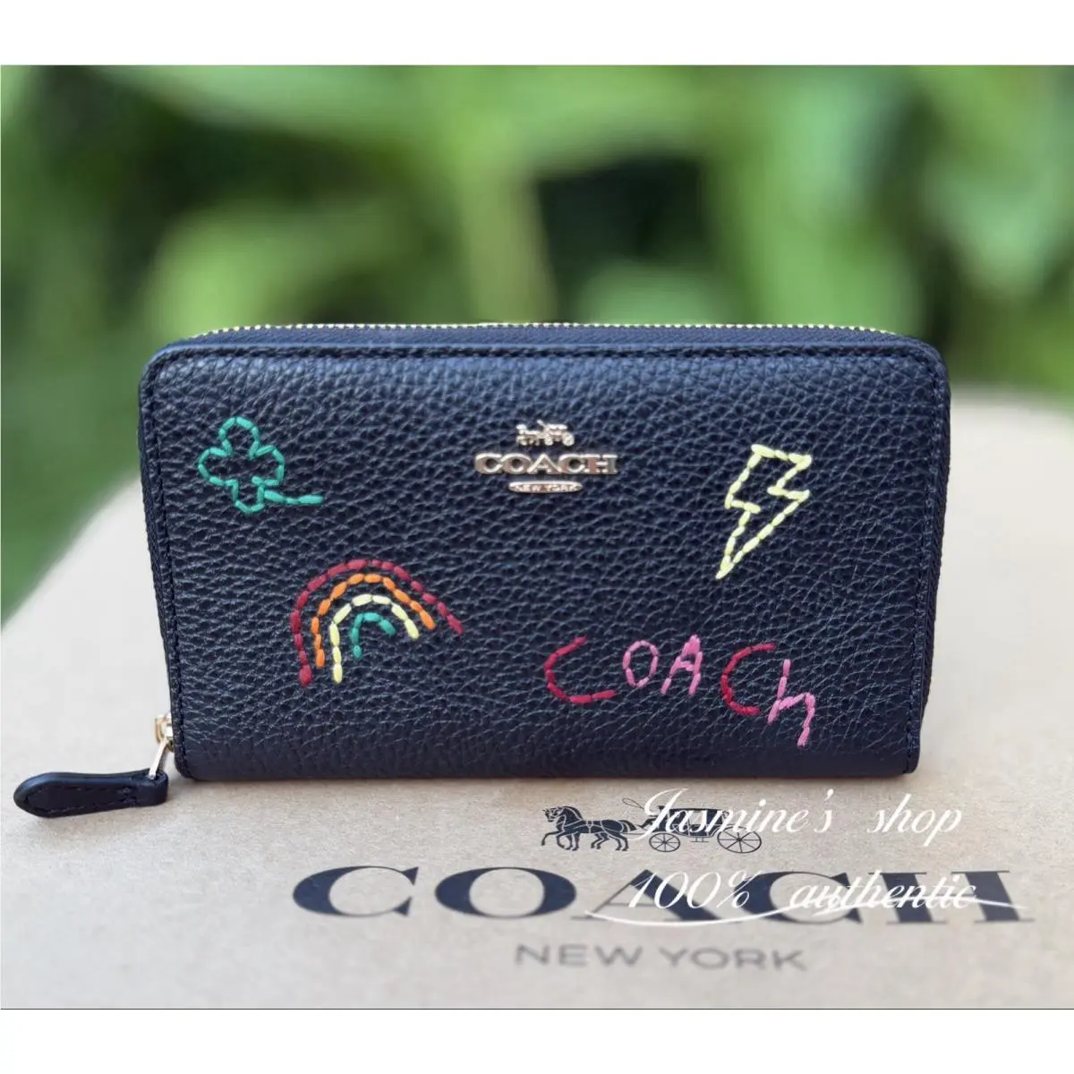 Coach Medium Id Zip Wallet with Diary Embroidery Gold/black Multi C9104