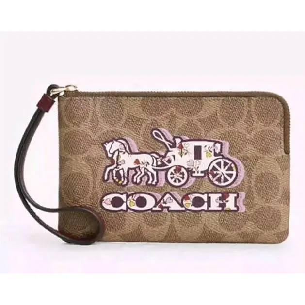 Corner Zip Wristlet in Signature Canvas with Floral Horse Carriage by Coach