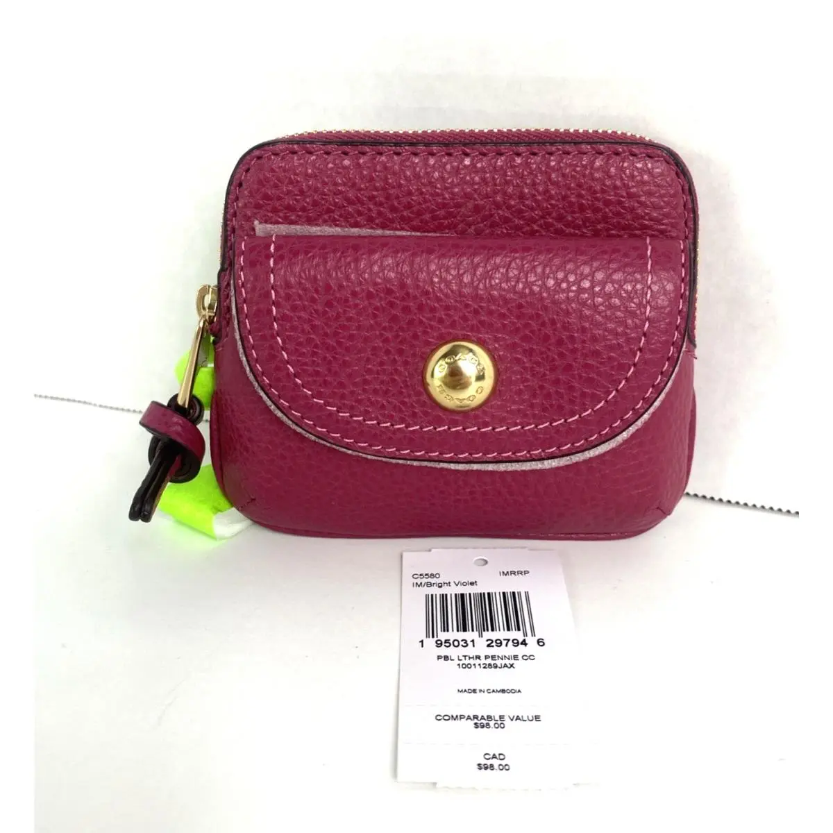 Coach Pennie Card Case Wallet Bright Violet Pebbled Leather C5580 W1