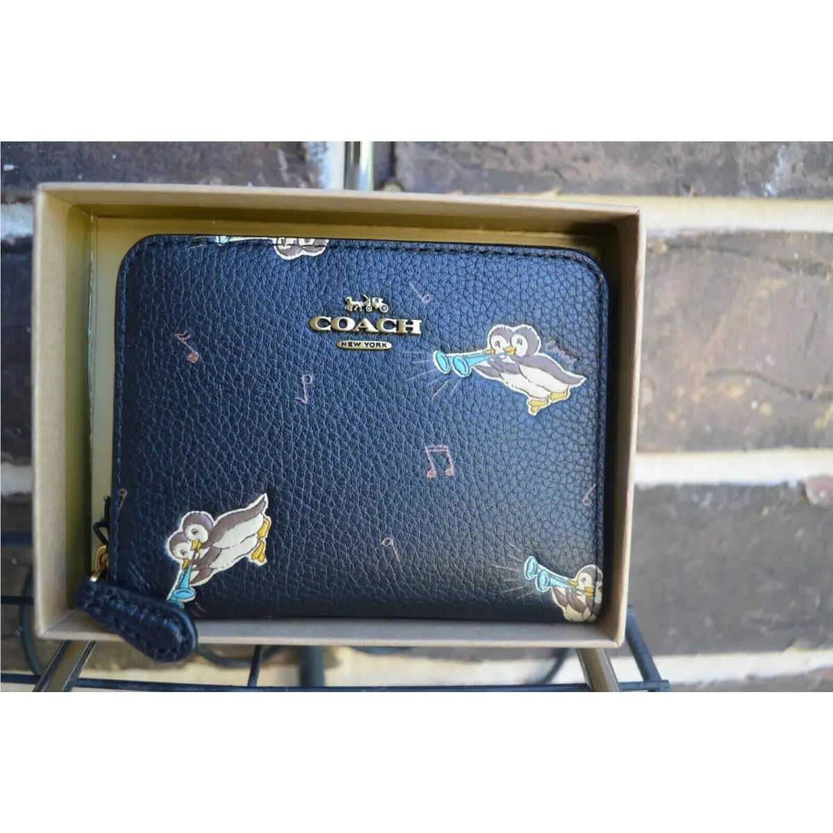 Coach Wallet Owl Print Small C6594B Polished Black Leather Zip Around W10