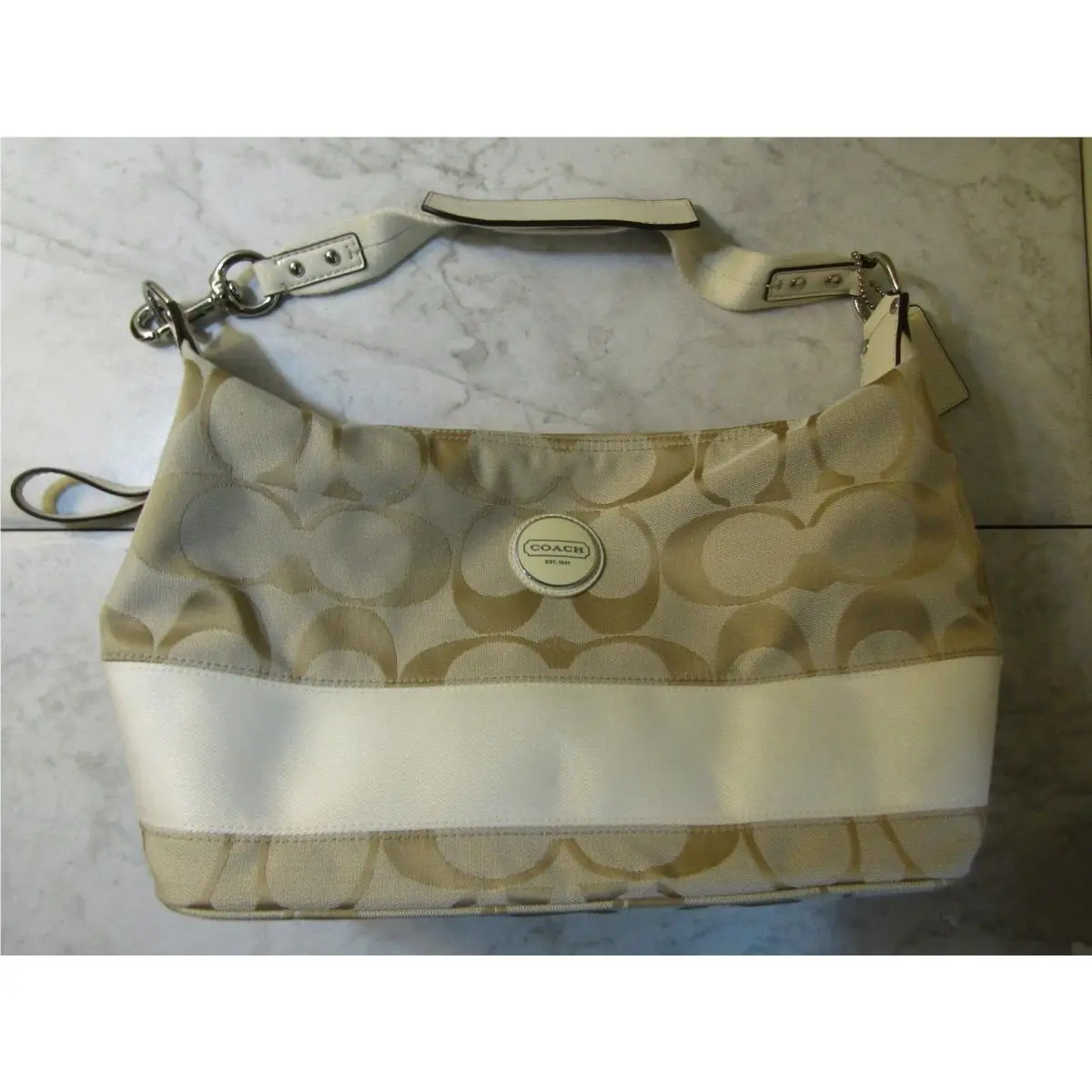 Nwp Coach Signature C Cream Stripe Hobo Handbag Leather Purse + Coin Purse