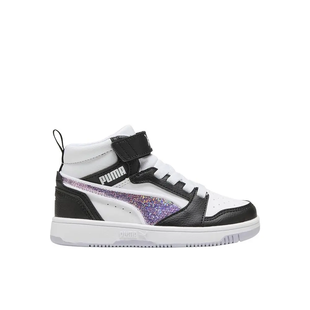 Puma Rebound V6 Mid Top Sequins Slip On Toddler Girls Black White Sneakers Cas