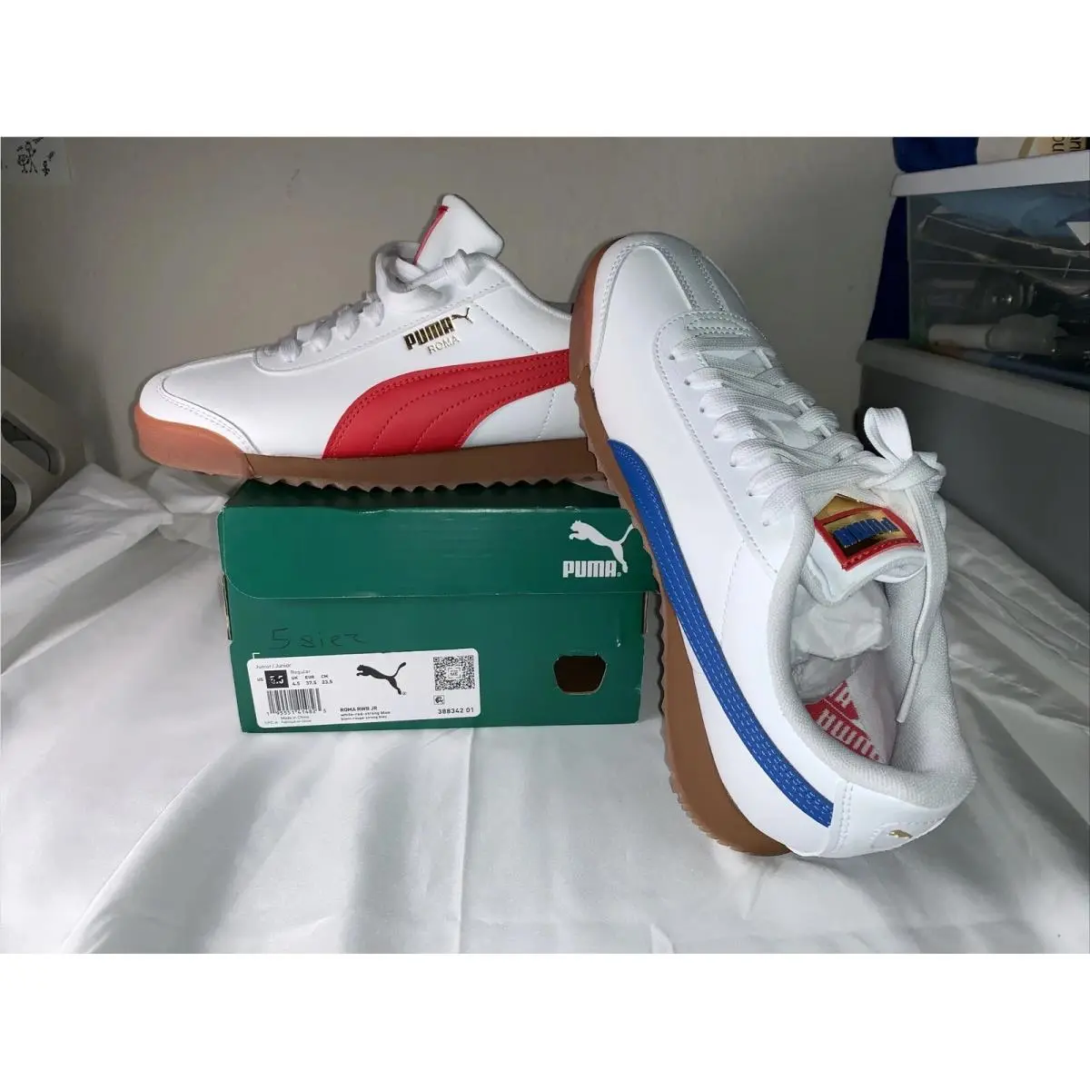 Puma Roma Rwb Lace Up Junior Size 5 White Sneakers Blue Red Casual Shoes