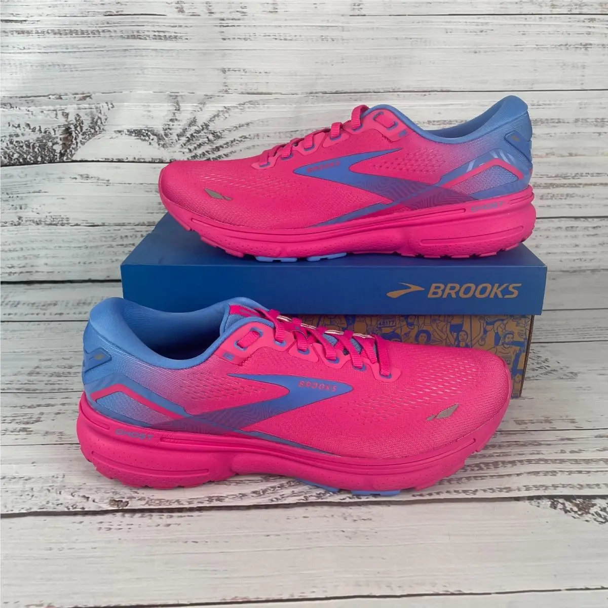 Brooks Ghost 15 Womens 12 B Running Shoes Pink Glo Blue Fuchsia