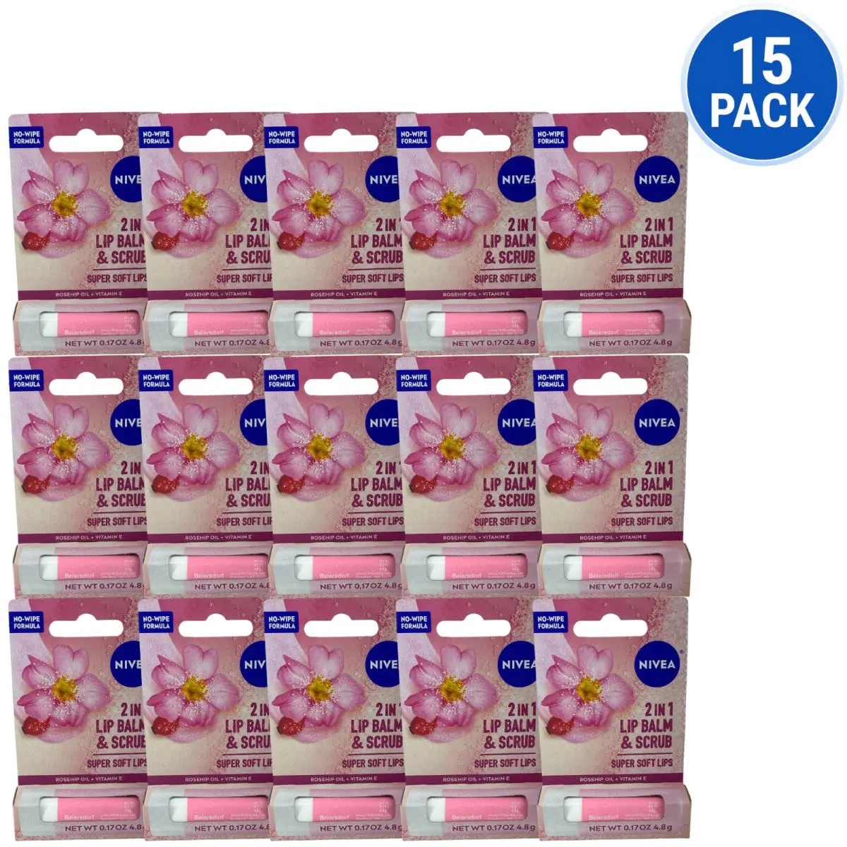 2 in 1 Lip Balm Scrub Rosehip Oil 0.17 oz 15 Pack by Nivea