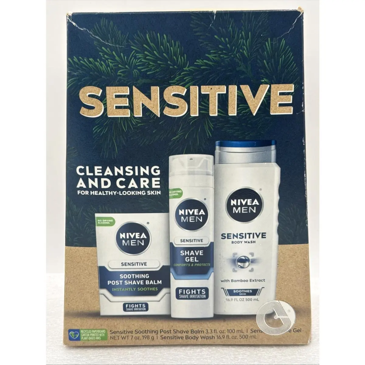 Men Sensitive 3 Piece Set Full Sizes Post Shave Balm Shave Gel Body Wash by Nivea
