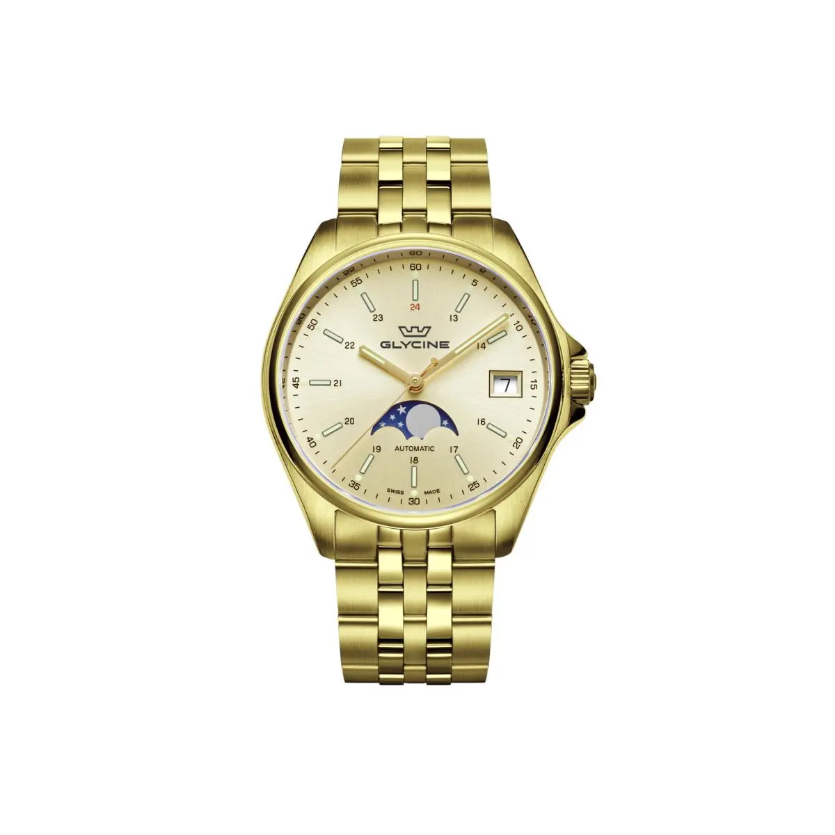 Glycine Women`s Combat Classic Moonphase 36mm Automatic Watch GL0247 - Dial: Gold Tone, Band: Gold Tone, Other Dial: Gold