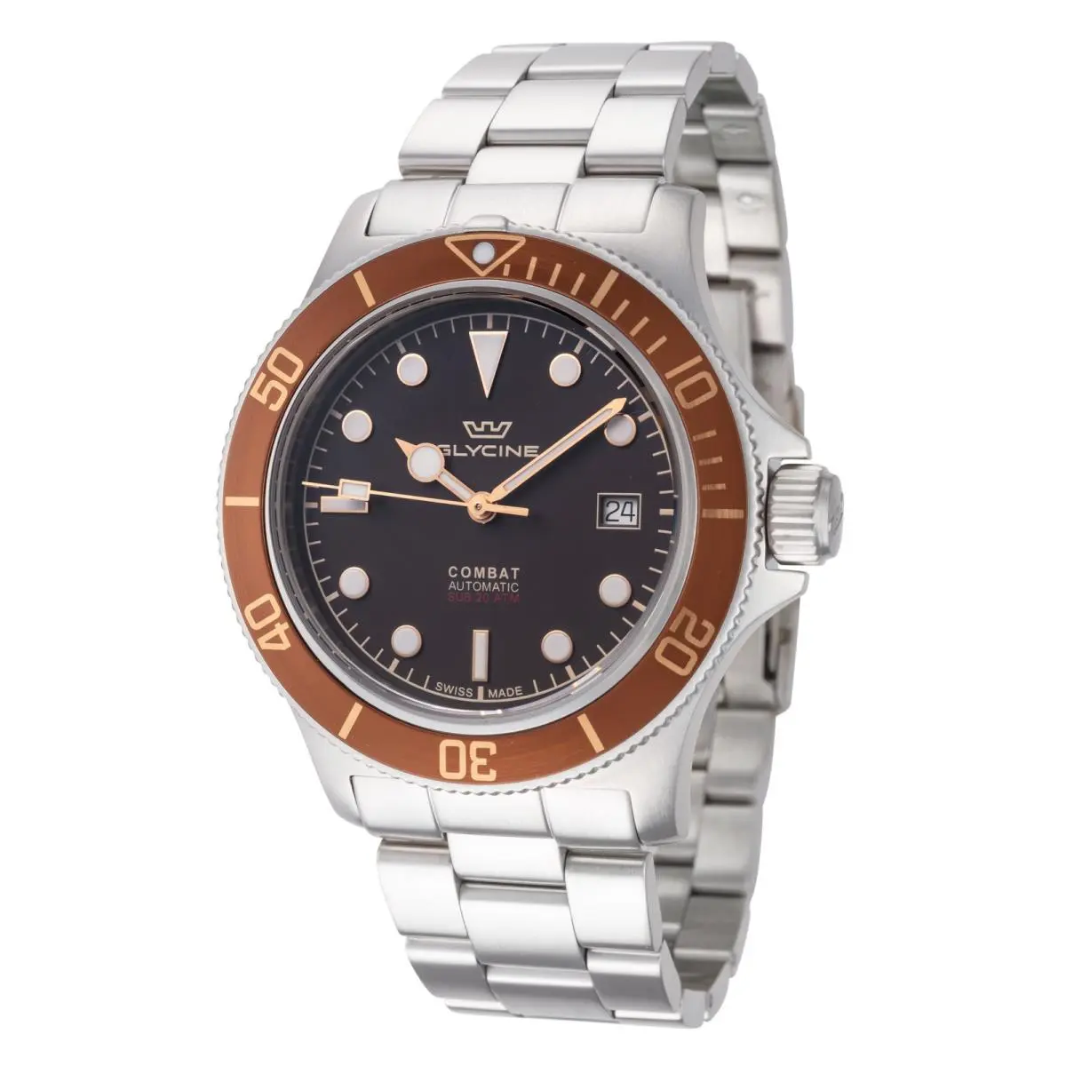 Glycine Men`s Combat 42mm Automatic Watch GL0486 - Dial: Brown, Band: Silver Tone, Other Dial: Brown