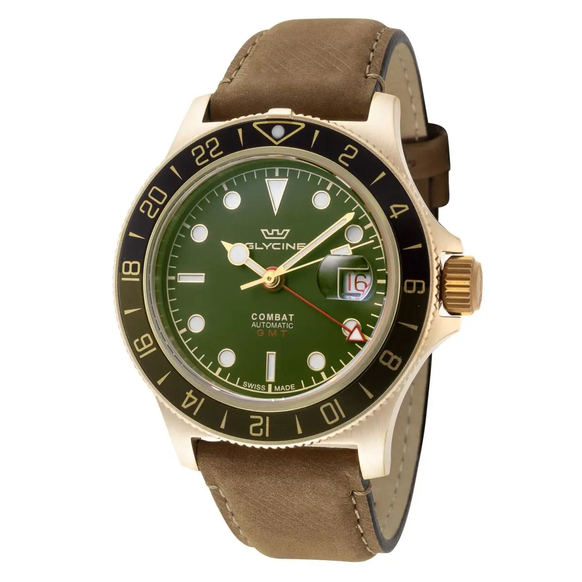 Glycine Men`s Combat Sub Sport 42 Bronze 42mm Automatic Watch GL0318 - Dial: Green, Band: Brown, Other Dial: Green