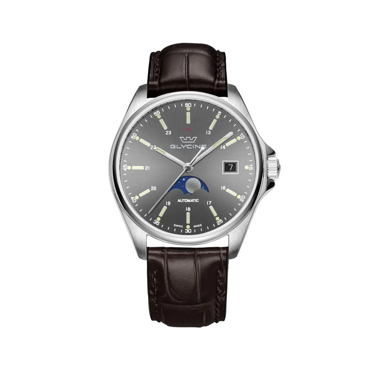 Glycine Men`s Combat Classic Moonphase 40mm Automatic Watch GL0114 - Dial: Gray, Band: Brown, Other Dial: Gray