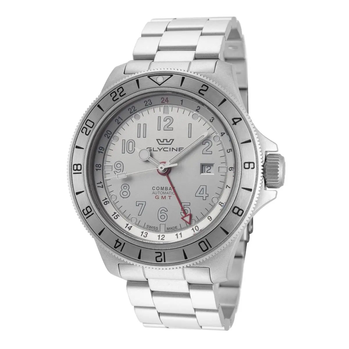 Glycine Men`s Combat Sub 46 Gmt 46mm Automatic Watch GL0330 - Dial: Silver, Band: Silver, Other Dial: Silver