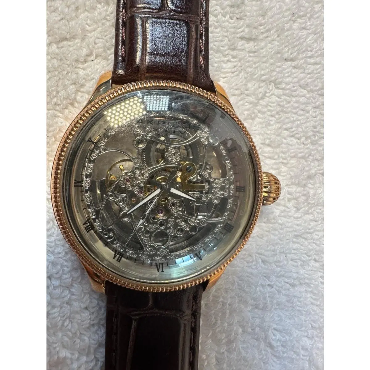 Akribos Xxiv AK455RG Rose Gold Skeleton Automatic Leather Men`s Watch