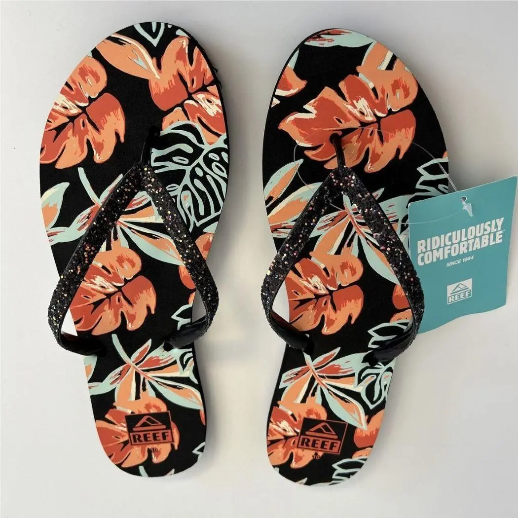 Women`s Beach Sandals Flip Flops Various Colors and Models Black Monstera by Reef