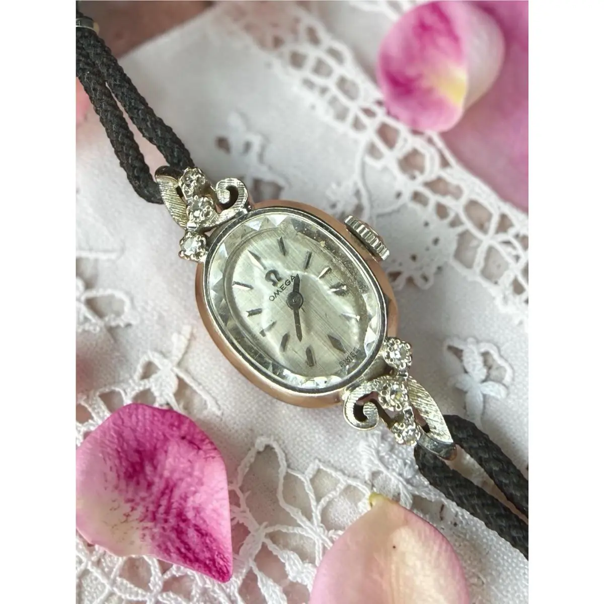 Exquisite Lady  Nos Vintage 14k White Gold Diamond Wristwatch by Omega